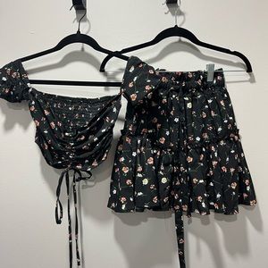 Two Piece Outfit Floral Off Shoulder Drawstring Crop Top and Skirt Set